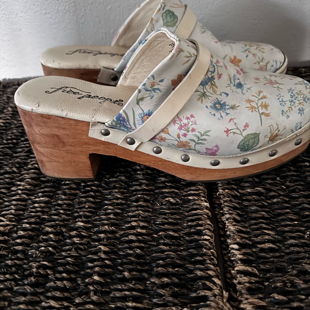 Free People Floral Mules - Cream and Multicolor